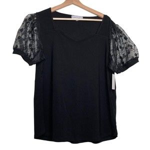 Sweet Violet Black Sheer Lace Puff Sleeve Scalloped Neckline Blouse XL